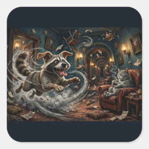 Hund-Waschbär-Chaos – Whimsical Tea Time Cat Stick Quadratischer Aufkleber