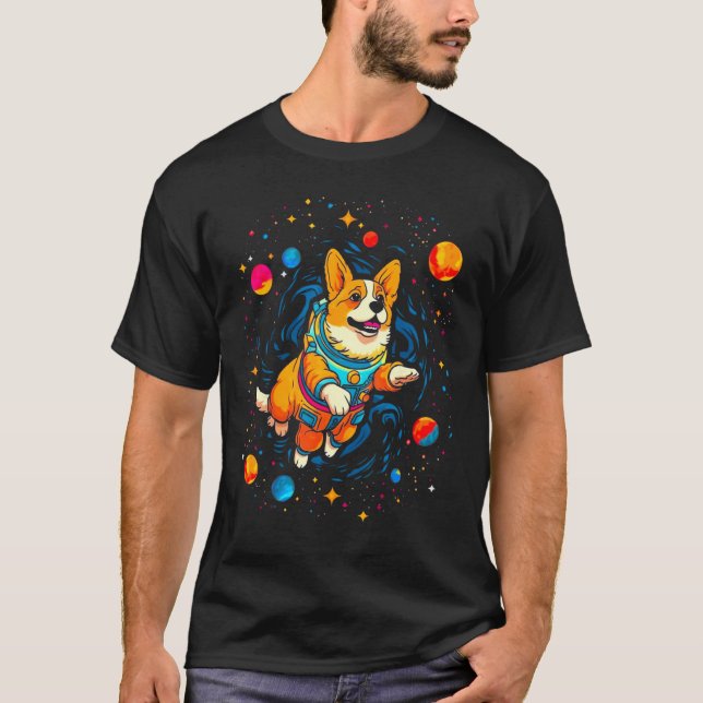 Hund Welsh Corgi Kosmos Planet T-Shirt (Vorderseite)