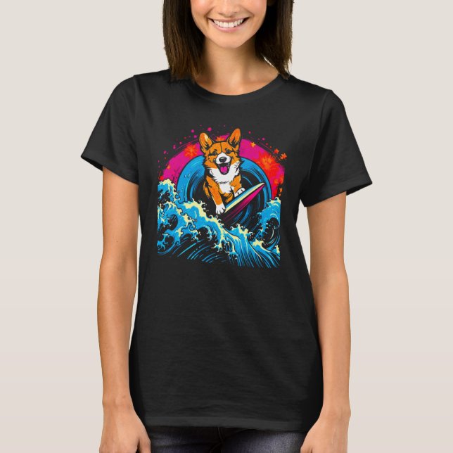 Hund Welsh Corgi Surft T-Shirt (Vorderseite)