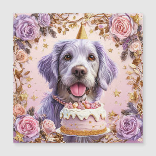 Hund zum Geburtstag mit Kuchen feiert Magnetkarte