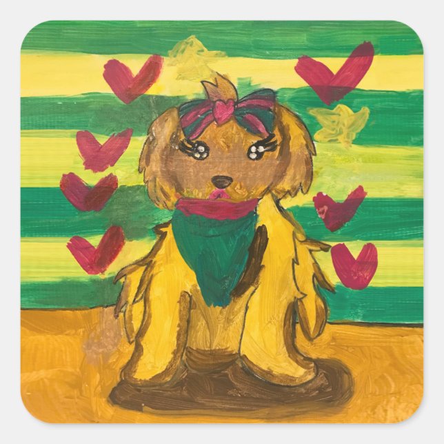 Hündchen "Kunst von Kindern" Quadratischer Aufkleber (Vorderseite)