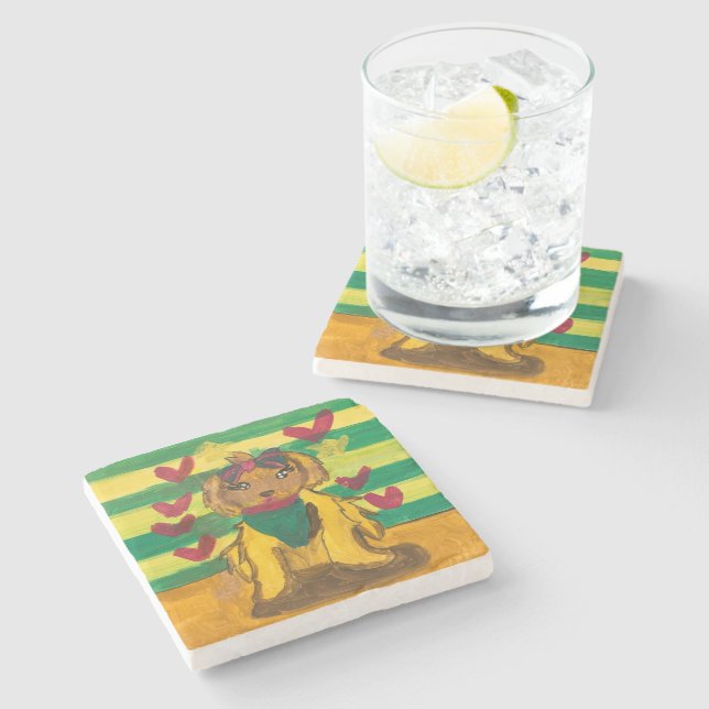 Hundchen "Kunst von Kindern" Steinuntersetzer (Seitenansicht)