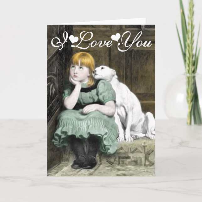 Hunde Adoring Girl Viktorianisch Malen I Liebe You Karte (Vorderseite)