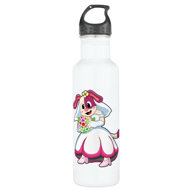Hunde als Braut mit Hochzeitskleid & Blume Edelstahlflasche (Vorderseite)