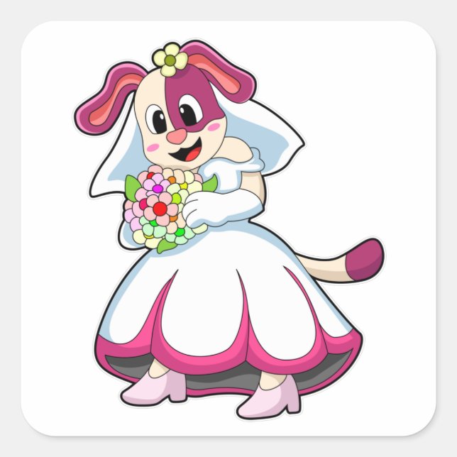Hunde als Braut mit Hochzeitskleid & Blume Quadratischer Aufkleber (Vorderseite)