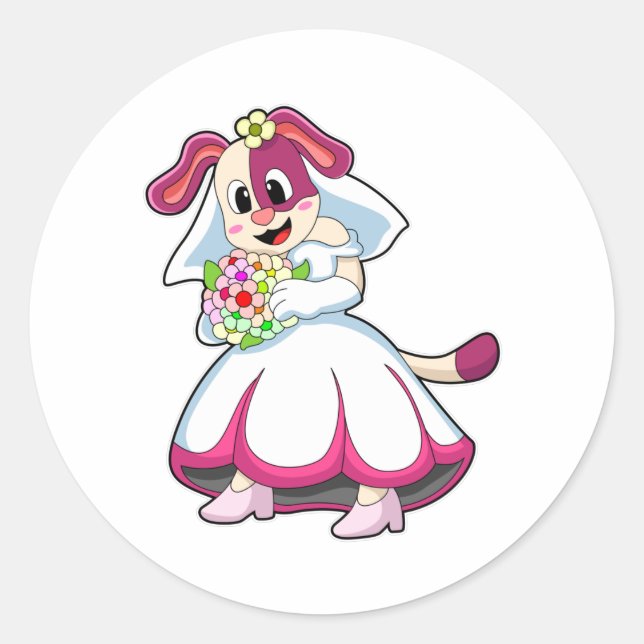 Hunde als Braut mit Hochzeitskleid & Blume Runder Aufkleber (Vorderseite)
