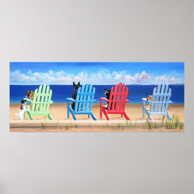Hunde auf Regenbogen Adirondack-Stühlen am Strand Poster (Vorne)