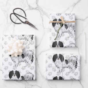 Hunde aus schwarzem und weißem Phalène mit grauem  Geschenkpapier Set