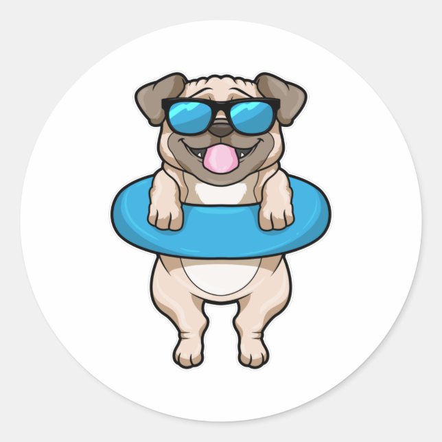Hunde beim Baden mit Schwimmring & Sonnenbrille Runder Aufkleber (Vorderseite)