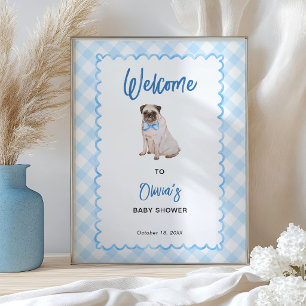 Hunde Blau Gingham Babyparty Willkommensschild Poster