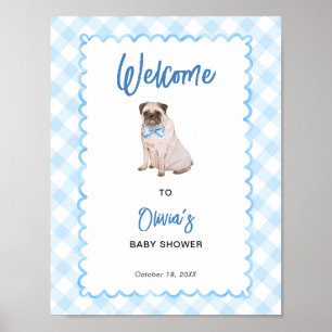 Hunde Blau Gingham Babyparty Willkommensschild Poster