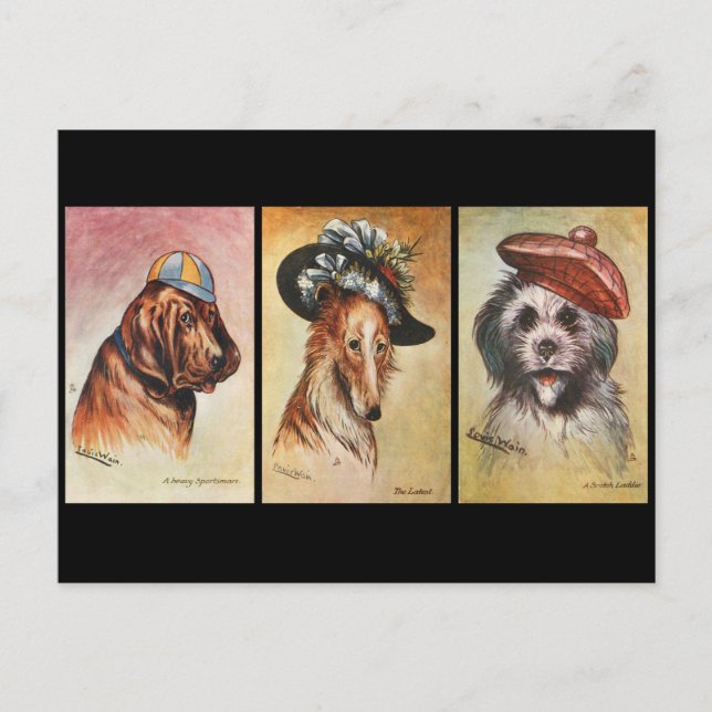 Hunde, Cartoon-Triptychon Postkarte (Vorderseite)