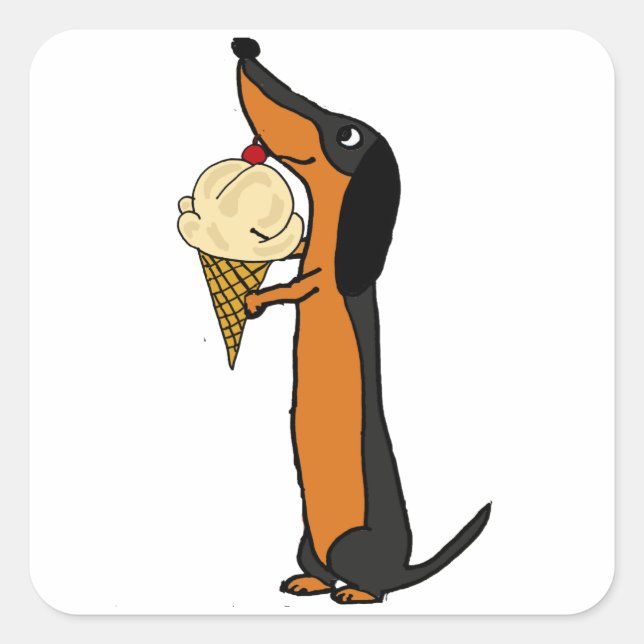 Hunde Dackel Eating Ice Creme Quadratischer Aufkleber (Vorderseite)