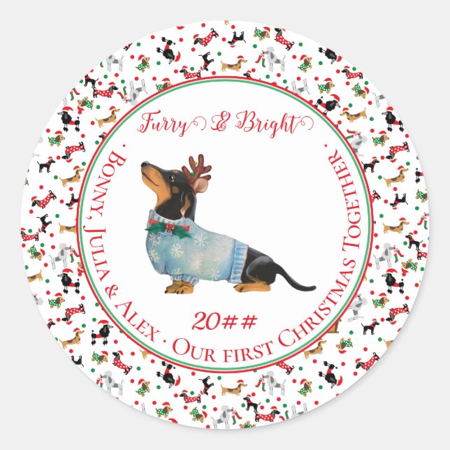 Hunde Dackel Reindeer Hat Weihnachtsfurry Bright Runder Aufkleber (Vorderseite)