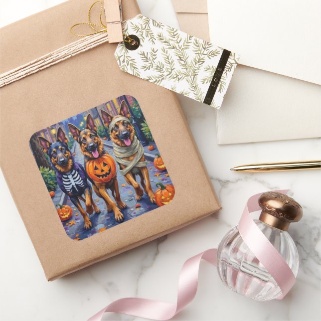 Hunde der deutschen Schäferhunde - Trick-or-Treati Quadratischer Aufkleber (Schenken)