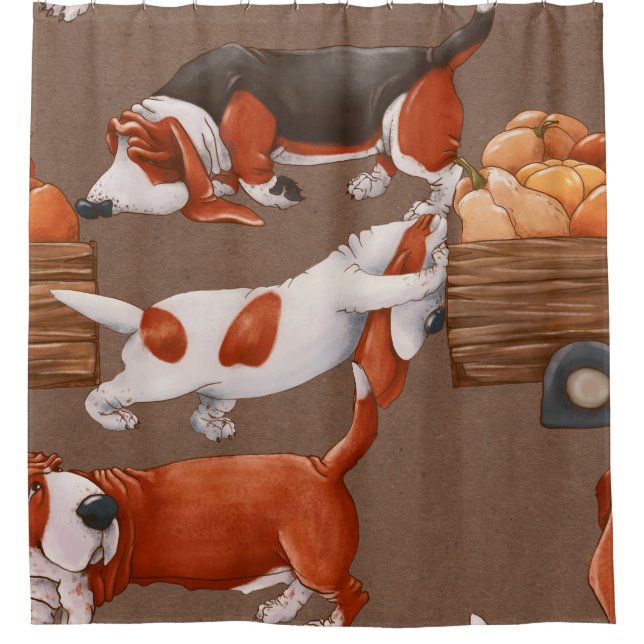 Hunde des Basset Hound tragen einen Kürbiskarren Duschvorhang (Vorderseite)