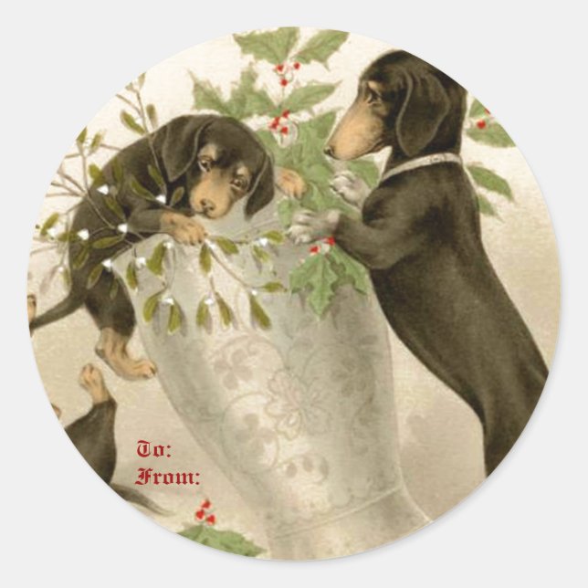 Hunde, die mit Weihnachtsgeschmack und Heilige Bee Runder Aufkleber (Vorderseite)