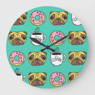 Hunde, Donuts, Kaffeemuster. Große Wanduhr