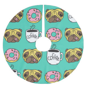 Hunde, Donuts, Kaffeemuster. Polyester Weihnachtsbaumdecke