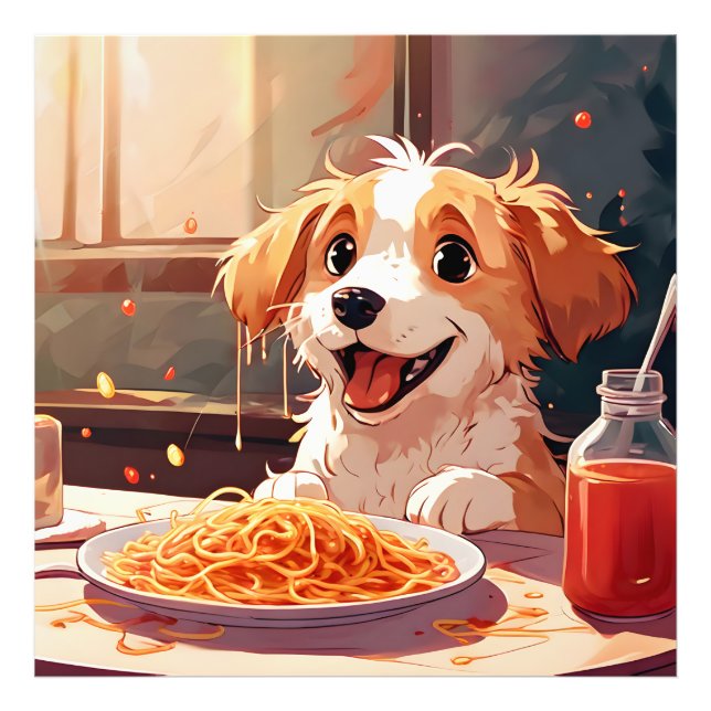 Hunde essen Spaghetti Fotodruck (Vorne)
