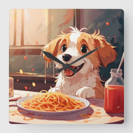 Hunde essen Spaghetti Quadratische Wanduhr