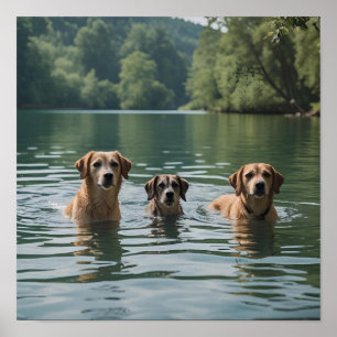 Hunde Familie Schwimmen im See - Ruhe Natur Art Poster