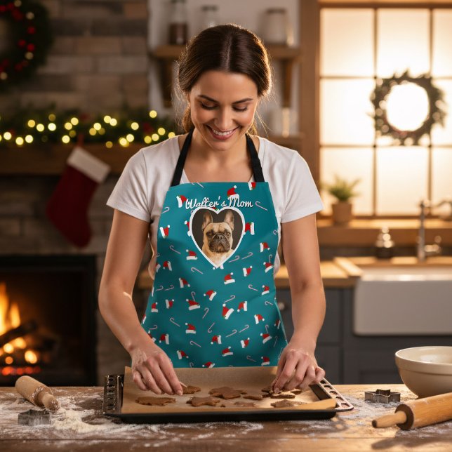Hunde Foto Aquamarine Weihnachtsmannmütze Muster W Schürze (Fun and festive teal apron that you can add your best friend's photo and name to (or your own) )