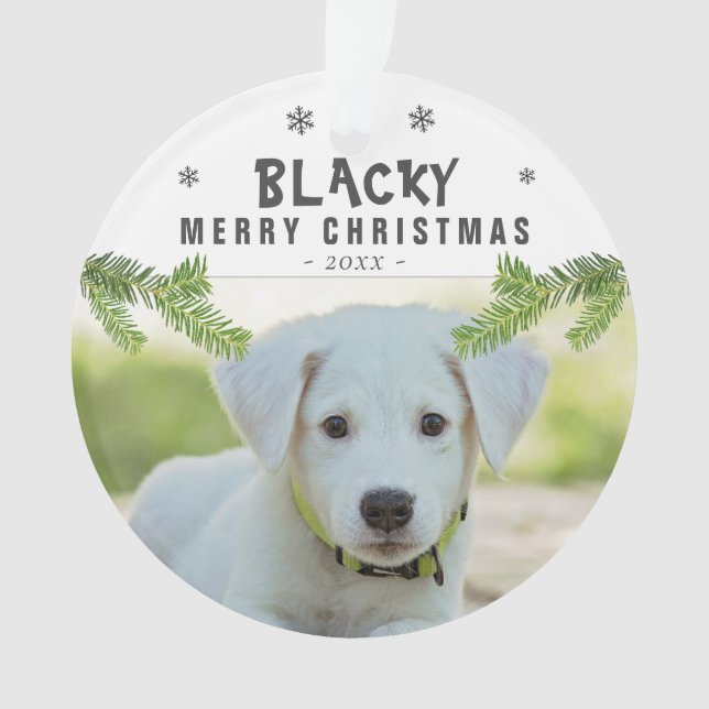 Hunde Foto Kiefernzweig Schneeflocken Frohe Weihna Ornament (Vorderseite)