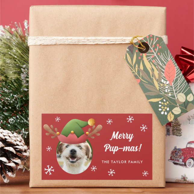 Hunde Foto mit Elf Reindeer Antler Hat Weihnachten Rechteckiger Aufkleber (Feiertag)