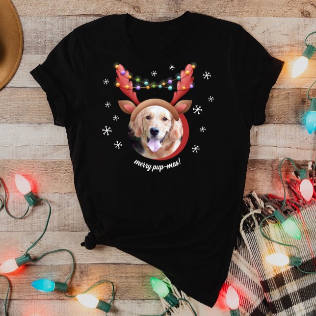 Hunde Foto mit Rentier Antler Hat frohe Weihnachte T-Shirt (Von Creator hochgeladen)