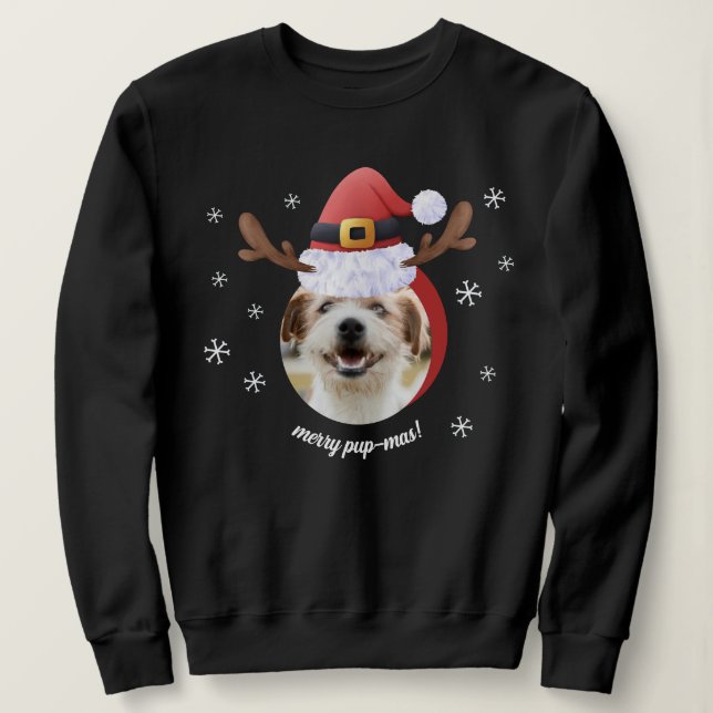 Hunde Foto mit Weihnachtsmann Antler Hat Weihnacht Sweatshirt (Design vorne)