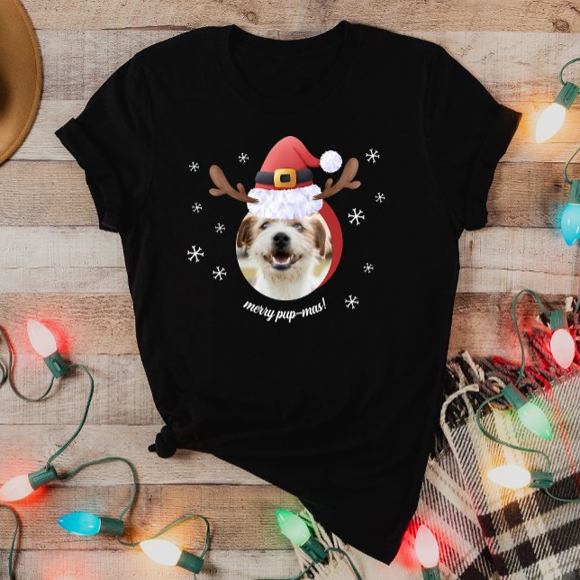 Hunde Foto mit Weihnachtsmann Antler Hat Weihnacht T-Shirt (Von Creator hochgeladen)