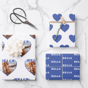 Hunde-Foto Name Blaues Herz Haustier Geschenkpapier Set