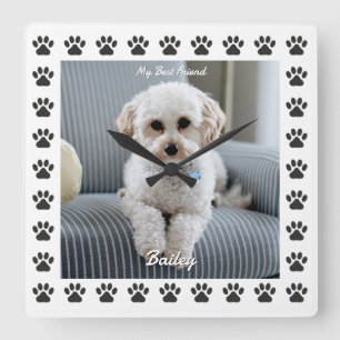 Hunde Foto, Name, Mein bester Freund, Paw Prints Quadratische Wanduhr