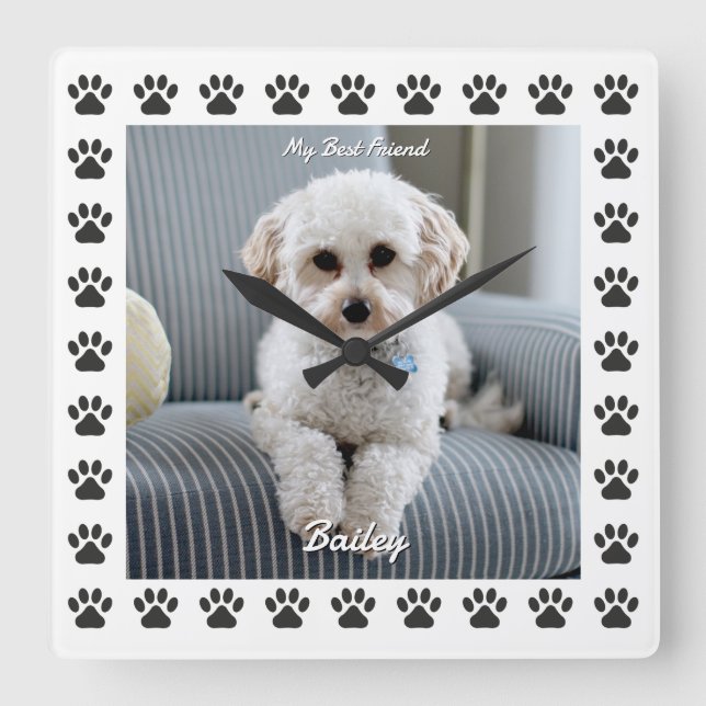 Hunde Foto, Name, Mein bester Freund, Paw Prints Quadratische Wanduhr (Vorderseite)