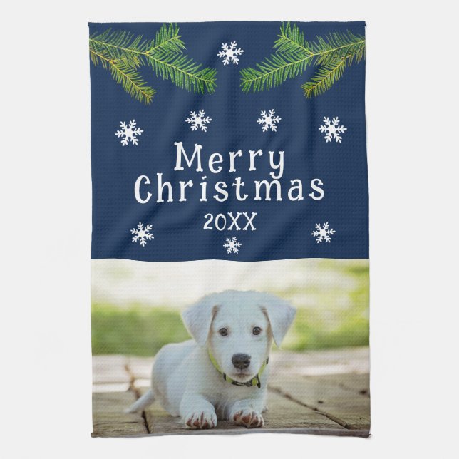 Hunde Foto Pine Schneeflocken Frohe Weihnachten Geschirrtuch (Vertikal)