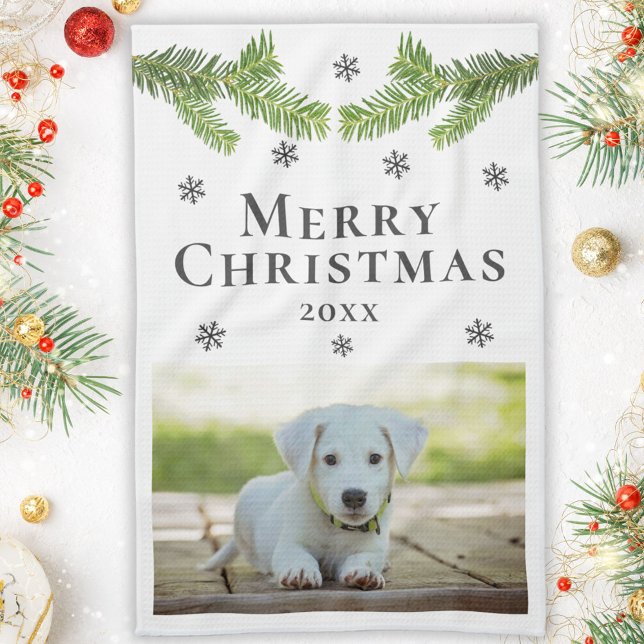 Hunde Foto Pine Schneeflocken Frohe Weihnachten Geschirrtuch (Von Creator hochgeladen)
