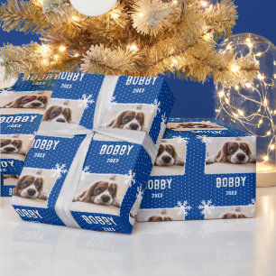 Hunde-Foto-Schneeflocken Blau Haustier Name Weihna Geschenkpapier