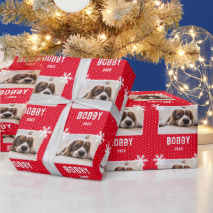 Hunde-Foto Schneeflocken Rot Haustier Name Weihnac Geschenkpapier