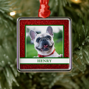 Hunde-Foto-Weihnachten-Rot-Glitter-Name Ornament Aus Metall