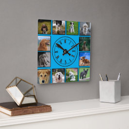 Hunde-Fotos sammeln sich auf blauem Hintergrund Quadratische Wanduhr