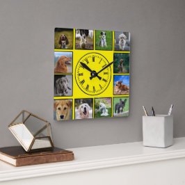 Hunde-Fotos sammeln sich auf gelbem Hintergrund Quadratische Wanduhr
