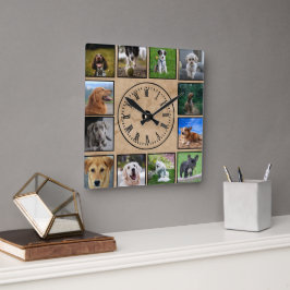 Hunde-Fotos sammeln sich im Hintergrund des Papier Quadratische Wanduhr