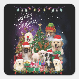 Hunde frohe Weihnachtslicht Quadratischer Aufkleber