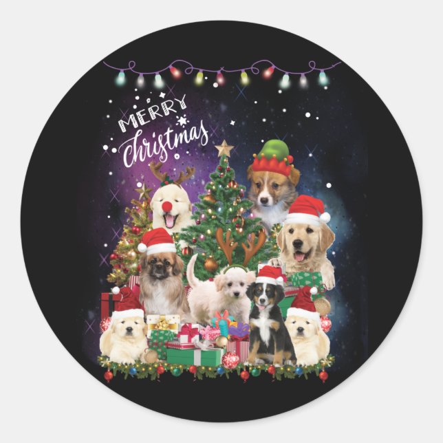 Hunde frohe Weihnachtslicht Runder Aufkleber (Vorderseite)