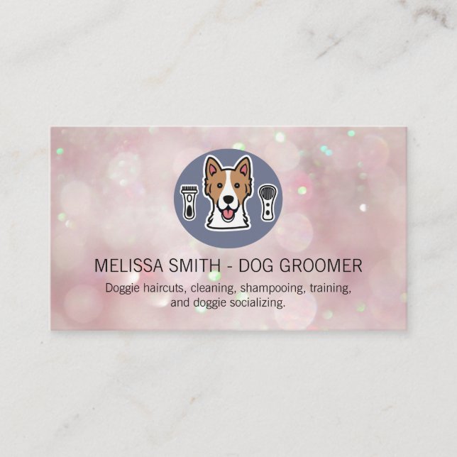 Hunde-Groomer-Logo | Bokeh Sparkle Background Visitenkarte (Vorderseite)