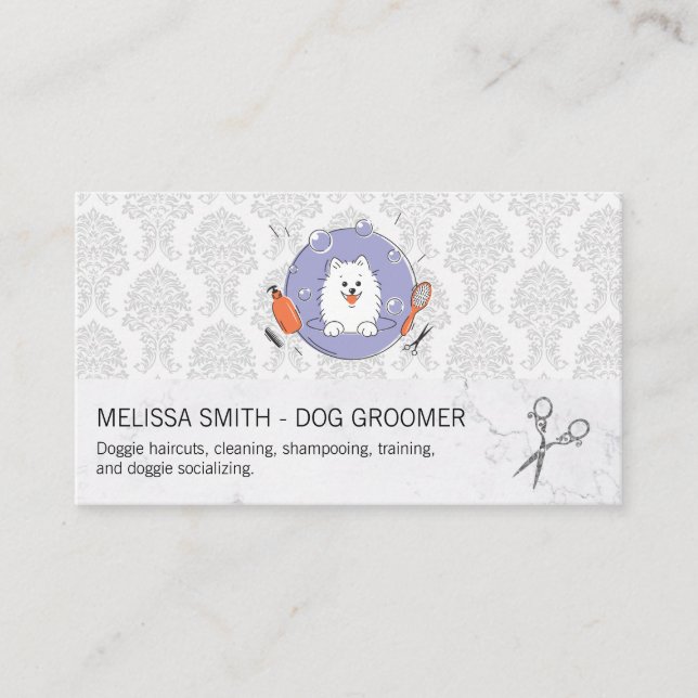 Hunde-Groomer-Logo | Damask Muster Visitenkarte (Vorderseite)