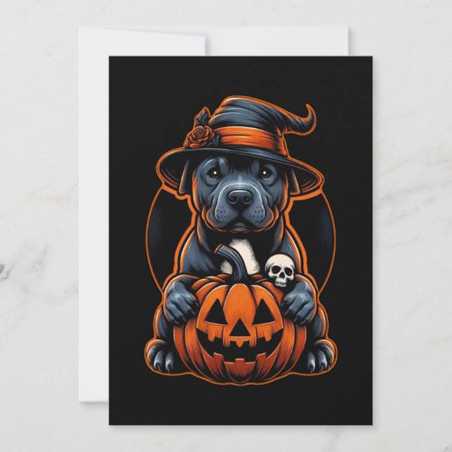 Hunde Halloween - Pitbull Hexe Einladung (Vorderseite)