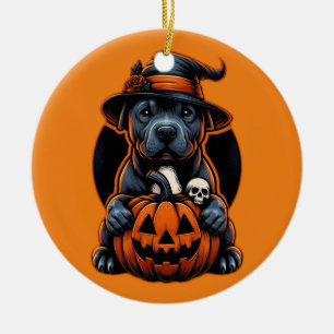 Hunde Halloween - Pitbull Hexe Keramik Ornament