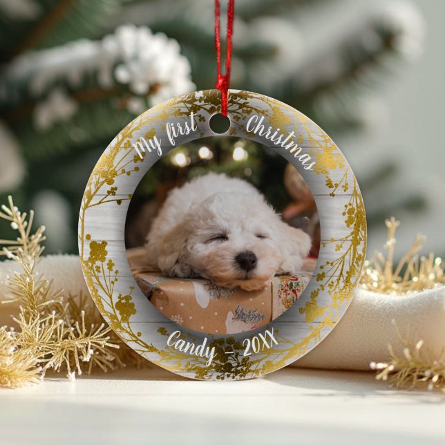 Hunde Haustiere Erstes Weihnachtsfeuer Foto Wreath Keramik Ornament (Von Creator hochgeladen)